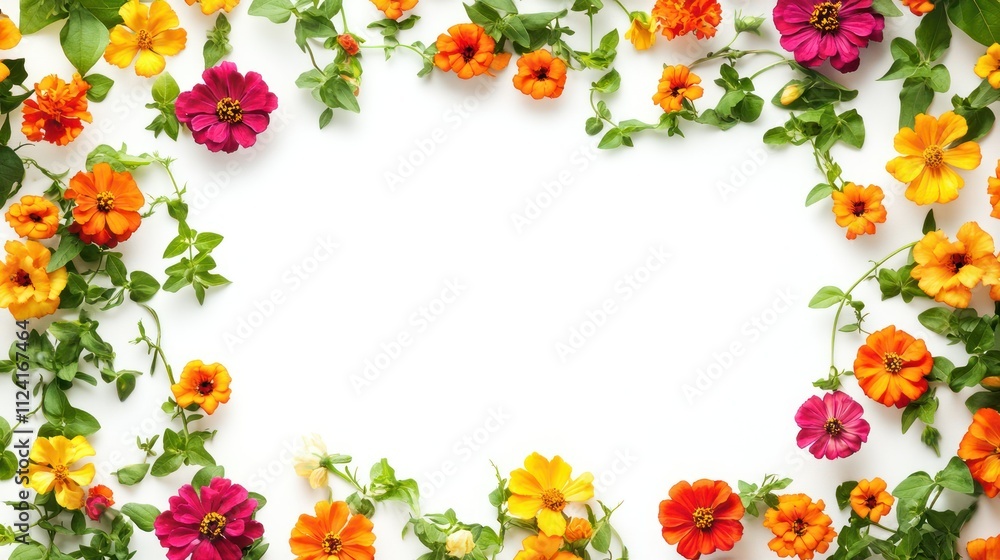 A rectangular frame of vibrant zinnias and marigolds with green vines, cheerful and lively, on a clean white background A rectangular frame of vibrant zinnias and marigolds with green vines, cheerful and lively, on a clean white background