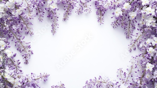 A rectangular frame of cascading wisteria flowers in lavender on a white background