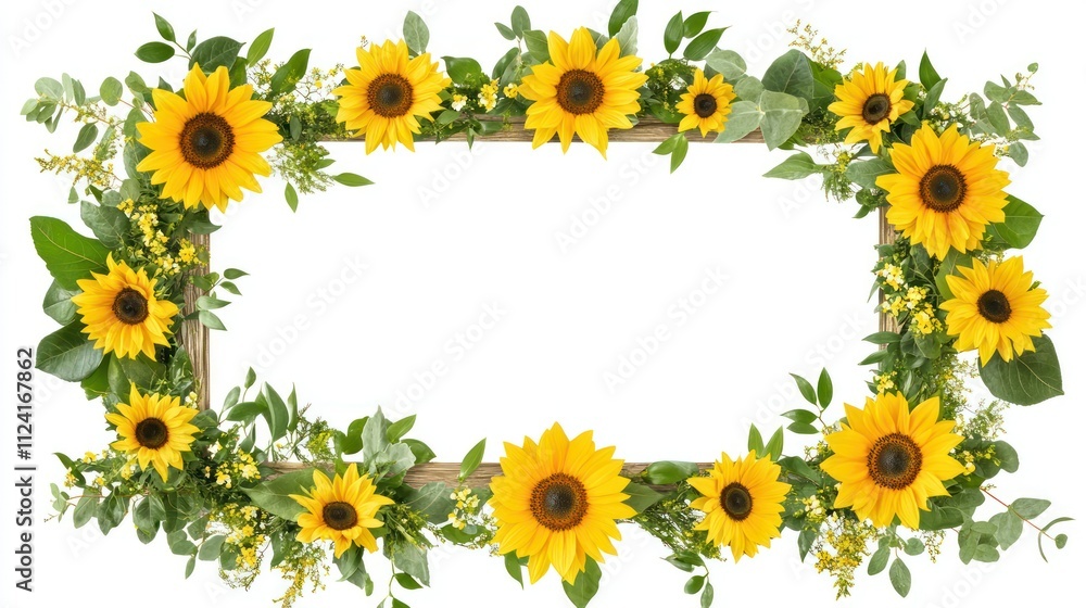 A rectangular wedding frame decorated with bright yellow sunflowers isolated on a white background A rectangular wedding frame decorated with bright yellow sunflowers isolated on a white background