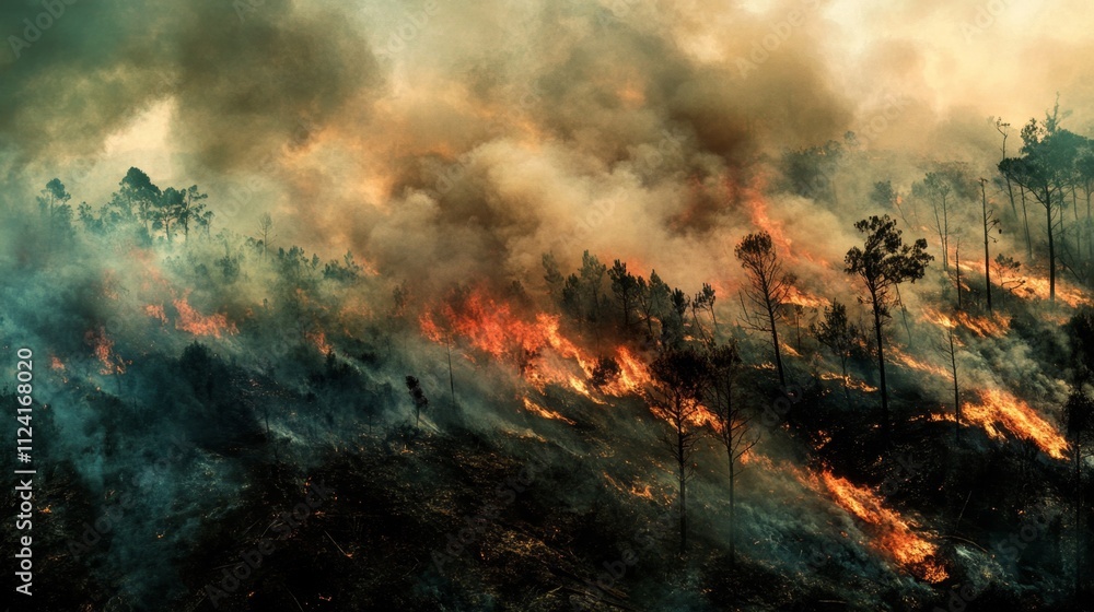 Naklejka premium Forest fire devastation in tropical region nature photography aerial view environmental impact awareness