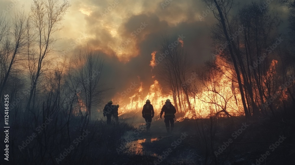 Fototapeta premium Brave firefighters combat wildfire forest region dramatic scene fiery environment action-packed perspective environmental crisis