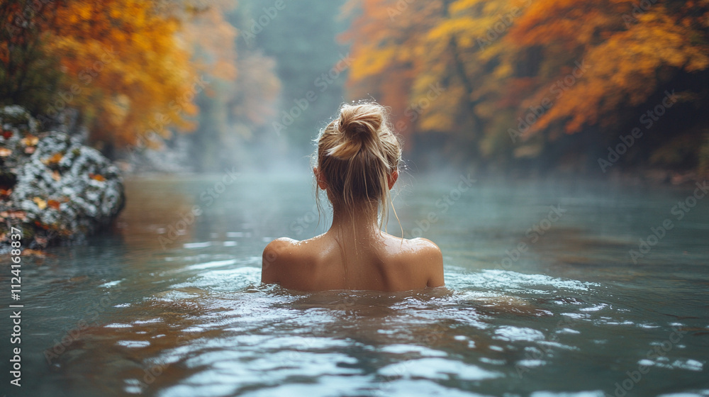 Fototapeta premium Back view of a serene woman relaxing in a steaming jacuzzi at sunset surrounded by nature evoking tranquility and escape symbolizes harmony rejuvenation self-care and connection with natural beauty