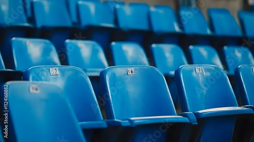 Rows of blue stadium seats with seat numbers visible