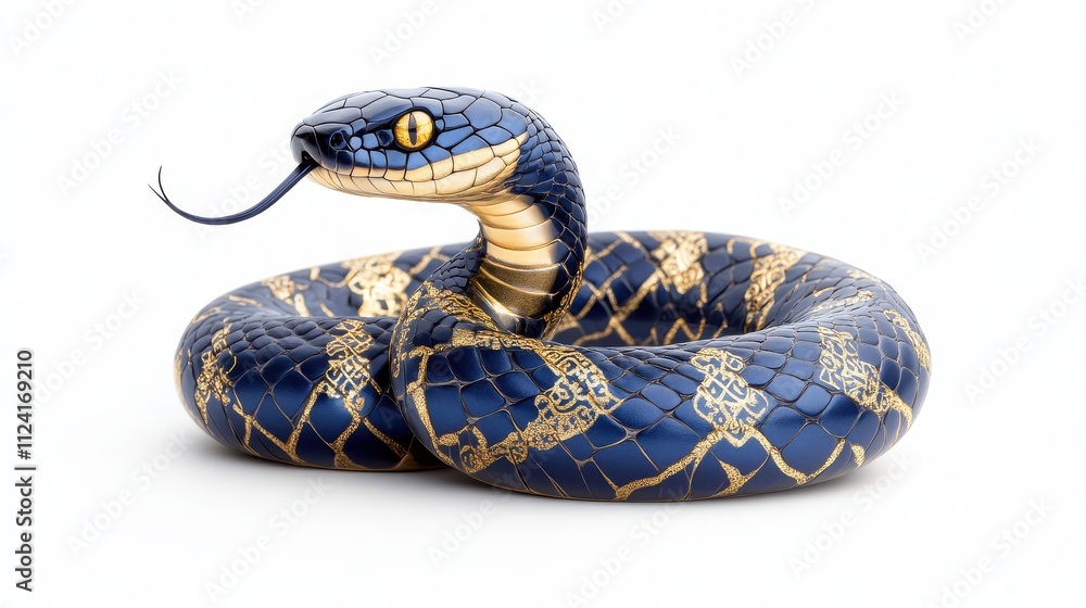 Fototapeta premium A striking blue and gold snake coiled elegantly, showcasing intricate patterns and a menacing gaze, with its tongue flickering.
