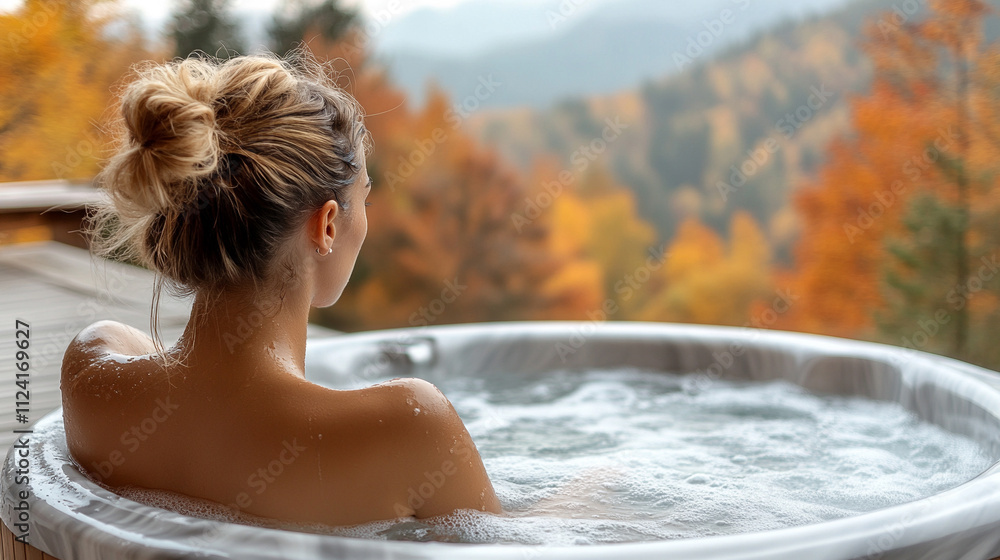Back view of a serene woman relaxing in a steaming jacuzzi at sunset surrounded by nature evoking tranquility and escape symbolizes harmony rejuvenation self-care and connection with natural beauty Back view of a serene woman relaxing in a steaming jacuzzi at sunset surrounded by nature evoking tranquility and escape symbolizes harmony rejuvenation self-care and connection with natural beauty