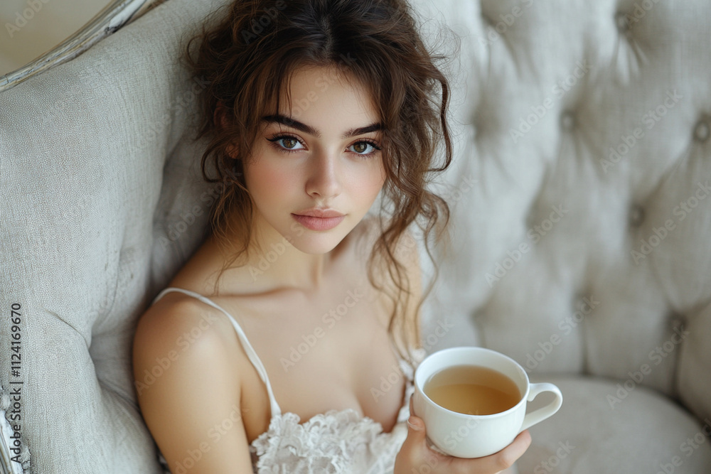 Young woman enjoying tea in a cozy setting Young woman enjoying tea in a cozy setting
