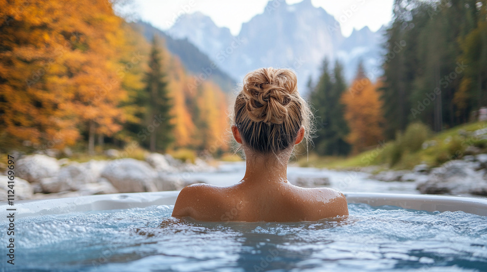 Back view of a serene woman relaxing in a steaming jacuzzi at sunset surrounded by nature evoking tranquility and escape symbolizes harmony rejuvenation self-care and connection with natural beauty Back view of a serene woman relaxing in a steaming jacuzzi at sunset surrounded by nature evoking tranquility and escape symbolizes harmony rejuvenation self-care and connection with natural beauty