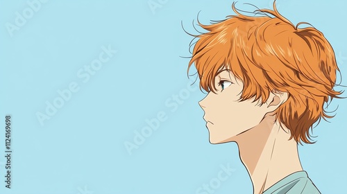 Profile view of a young man with vibrant orange hair, styled in a half-updo, against a light blue background.  He appears pensive and thoughtful. photo