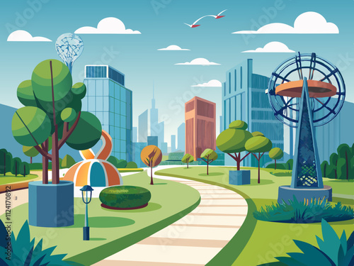 colorful illustration of a city park with a walking trail and contemporary sculpture installations.