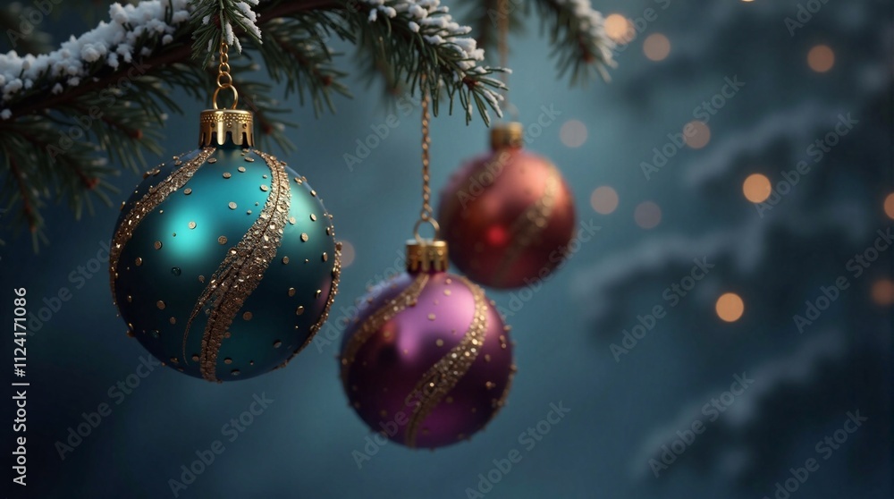 Christmas card with colorful Christmas tree balls on blurred New Year lights background, high detail, light effects. Copy space for text - generative AI Christmas card with colorful Christmas tree balls on blurred New Year lights background, high detail, light effects. Copy space for text - generative AI