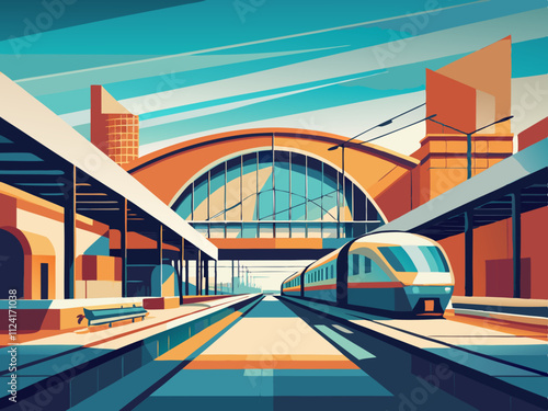 colorful illustration of a contemporary train station with curved steel and glass design.