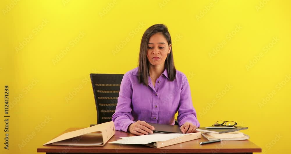 Unsuccessful overwhelmed Indian business woman holding file or folder read or check document looking angry feel anxiety with bad face expression sit on chair at workplace desk, over yellow background. Unsuccessful overwhelmed Indian business woman holding file or folder read or check document looking angry feel anxiety with bad face expression sit on chair at workplace desk, over yellow background.