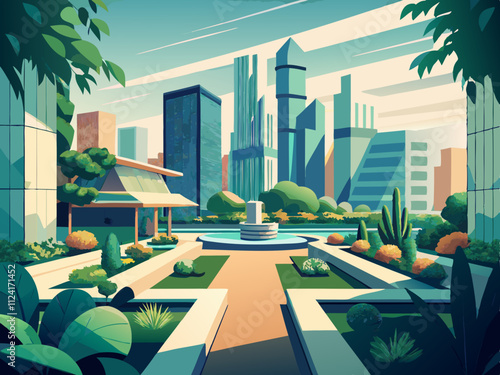 colorful illustration of a modern urban garden surrounded by high-rise buildings.