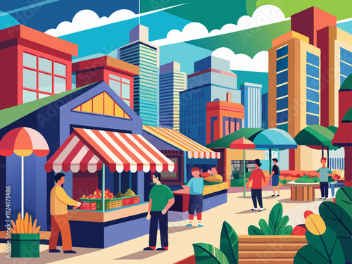 colorful illustration of a modern urban market with open-air stalls and vibrant signage.