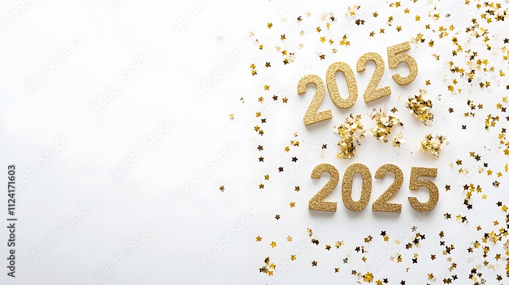 Shiny Gold Glitter '2025' Numbers on White Background with Golden Confetti, Creating a Festive and Joyful Flat Lay Composition in High-Resolution Vector Illustration Shiny Gold Glitter '2025' Numbers on White Background with Golden Confetti, Creating a Festive and Joyful Flat Lay Composition in High-Resolution Vector Illustration