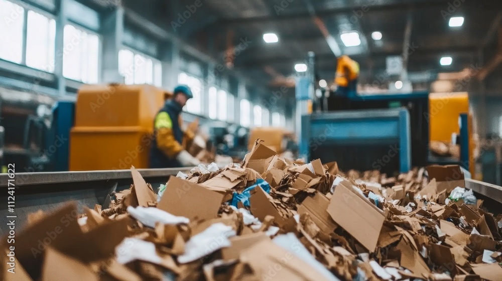Obraz premium Recycling process in industrial facility waste management plant digital image indoor close-up environmental awareness