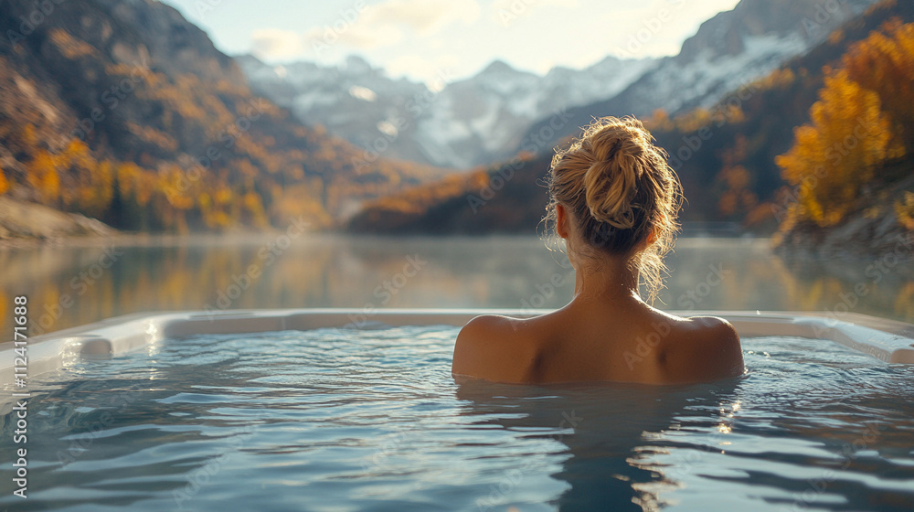 Back view of a serene woman relaxing in a steaming jacuzzi at sunset surrounded by nature evoking tranquility and escape symbolizes harmony rejuvenation self-care and connection with natural beauty Back view of a serene woman relaxing in a steaming jacuzzi at sunset surrounded by nature evoking tranquility and escape symbolizes harmony rejuvenation self-care and connection with natural beauty