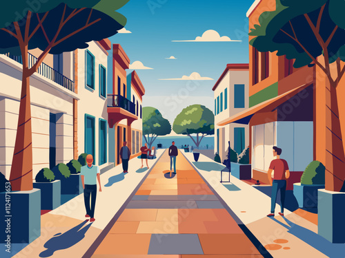 colorful illustration of a pedestrian-only street with modern pavers and creative landscaping.