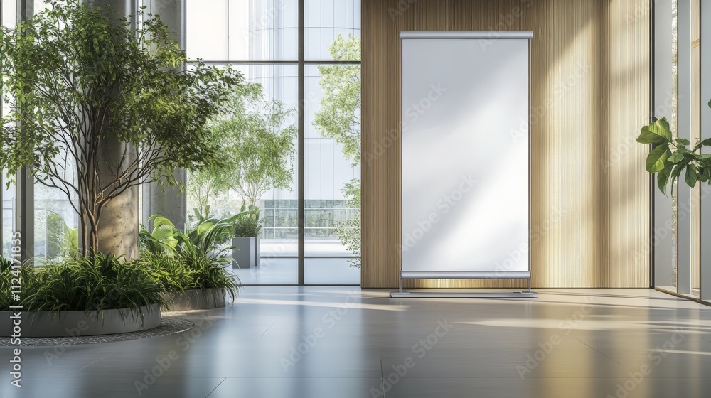 Modern office lobby with indoor greenery and floor-to-ceiling windows Modern office lobby with indoor greenery and floor-to-ceiling windows