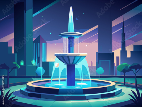 colorful illustration of a sleek urban fountain with LED-lit water streams.