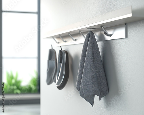 Modern entryway with sleek wall-mounted coat hooks and shoe rack 32k, full ultra hd, high resolution