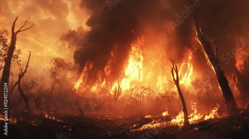 Wildfire rages through forest landscape threatening wildlife australia nature photography dramatic viewpoint environmental impact photo