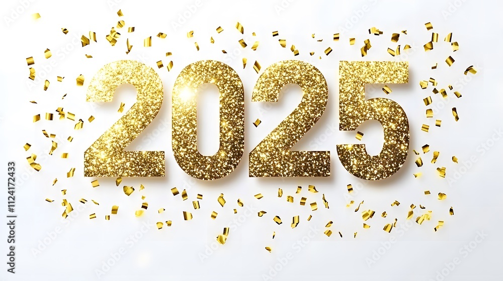 Shiny Gold Glitter '2025' Numbers on White Background with Golden Confetti, Creating a Festive and Joyful Flat Lay Composition in High-Resolution Vector Illustration Shiny Gold Glitter '2025' Numbers on White Background with Golden Confetti, Creating a Festive and Joyful Flat Lay Composition in High-Resolution Vector Illustration