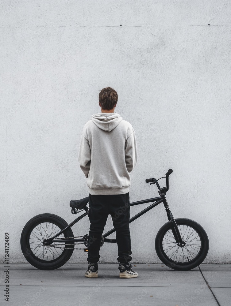 White man wearing streetwear clothing beside black BMX bike stands on white wall White man wearing streetwear clothing beside black BMX bike stands on white wall