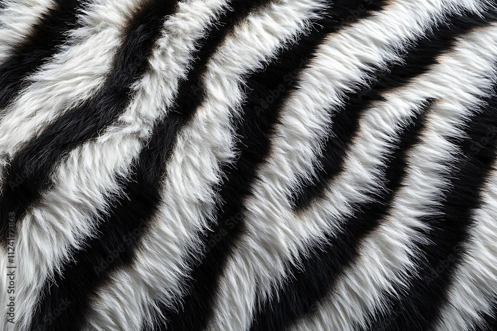 Close-up of soft, striped black and white fur resembling a zebra pattern. Close-up of soft, striped black and white fur resembling a zebra pattern.