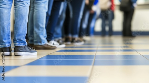 Crowds of travelers patiently waiting in line at airport security checkpoint, symbolizing the shared journey and collective experience of modern travel.