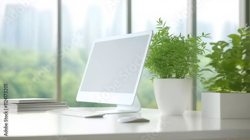 Potted plants on window and white computer. Houseplants in pots on windowsill. Home decor concept. Modern houseplants . Minimal creative home decor concept , work space,home office,computer,background