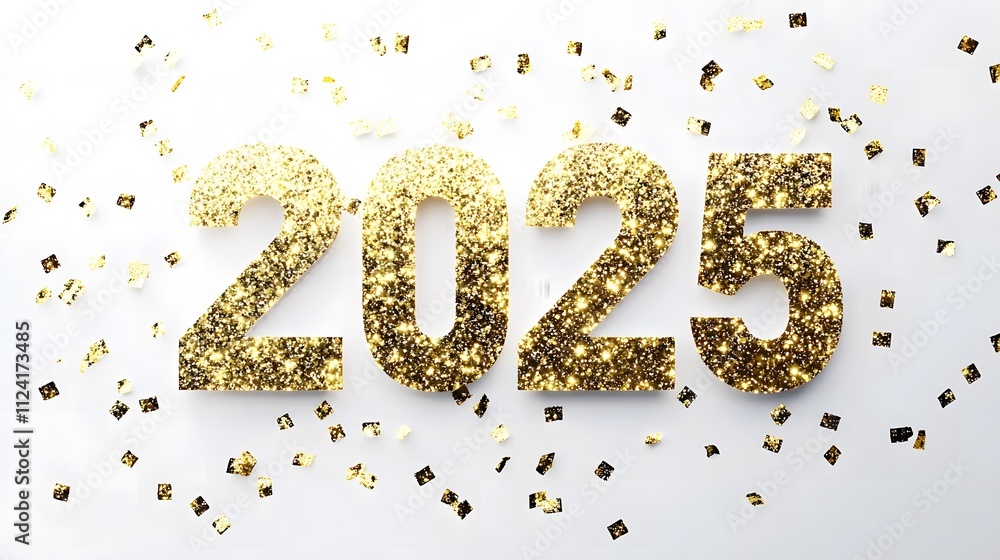Shiny Gold Glitter '2025' Numbers on White Background with Golden Confetti, Creating a Festive and Joyful Flat Lay Composition in High-Resolution Vector Illustration Shiny Gold Glitter '2025' Numbers on White Background with Golden Confetti, Creating a Festive and Joyful Flat Lay Composition in High-Resolution Vector Illustration