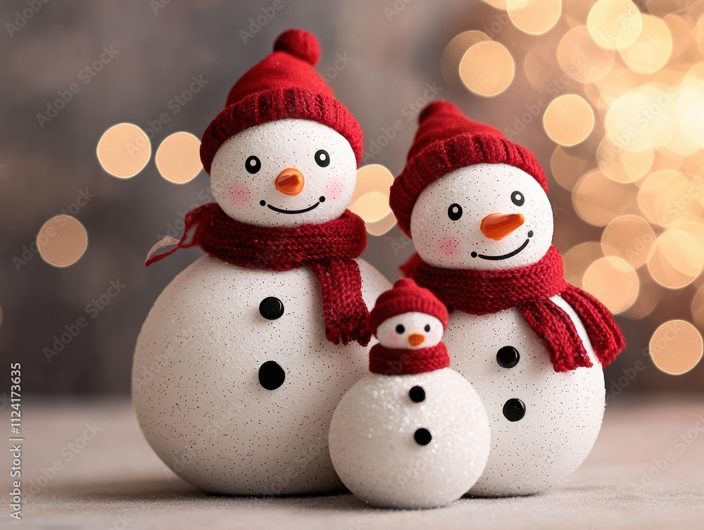 Joyful snowman family in cozy winter setting festive bokeh background Joyful snowman family in cozy winter setting festive bokeh background