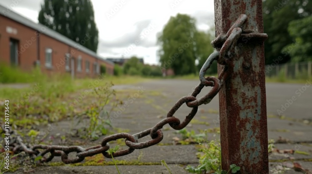 Closed factory gate with chain and padlock, symbolizing the end of an era and the transition to new beginnings. Industrial decline and the shift towards modernization and renewal. Closed factory gate with chain and padlock, symbolizing the end of an era and the transition to new beginnings. Industrial decline and the shift towards modernization and renewal.