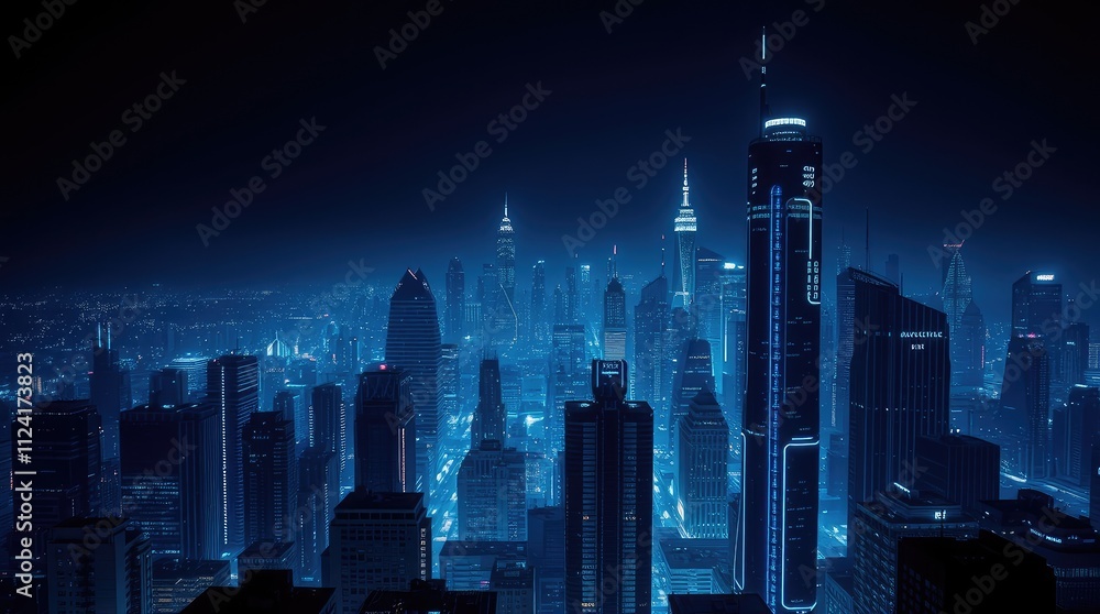Obraz premium A nighttime cityscape illuminated in blue tones, showcasing skyscrapers and urban architecture.