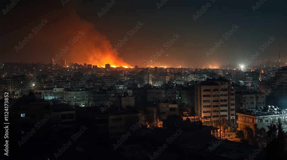 Damascus at night, with the skyline illuminated by fires and sporadic flashes from ongoing airstrikes Damascus at night, with the skyline illuminated by fires and sporadic flashes from ongoing airstrikes