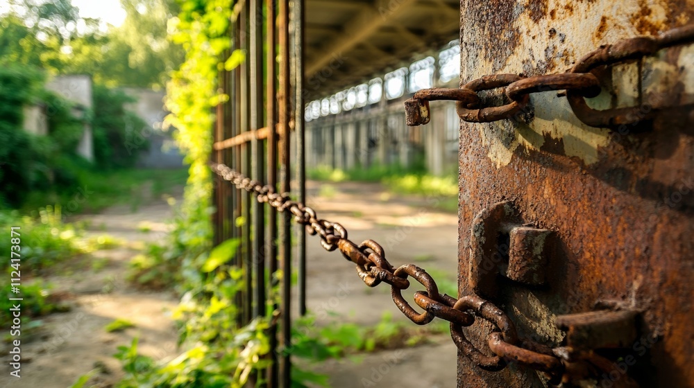 Closed factory gate with chain and padlock, symbolizing the end of an era and the transition to new beginnings. Industrial decline and the shift towards modernization and renewal. Closed factory gate with chain and padlock, symbolizing the end of an era and the transition to new beginnings. Industrial decline and the shift towards modernization and renewal.