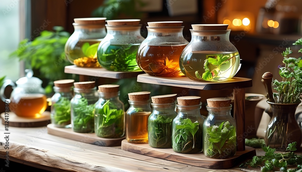 Herbal infusion preparation cozy home kitchen lifestyle photography natural environment close-up view wellness concept Herbal infusion preparation cozy home kitchen lifestyle photography natural environment close-up view wellness concept
