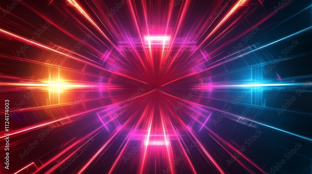 Abstract vibrant neon light rays converging at center, creating a futuristic tunnel effect.