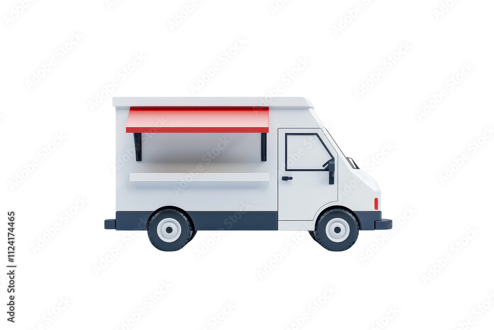 A food truck featuring a white body, red awning, and large wheels, designed for serving food on the go. A food truck featuring a white body, red awning, and large wheels, designed for serving food on the go.