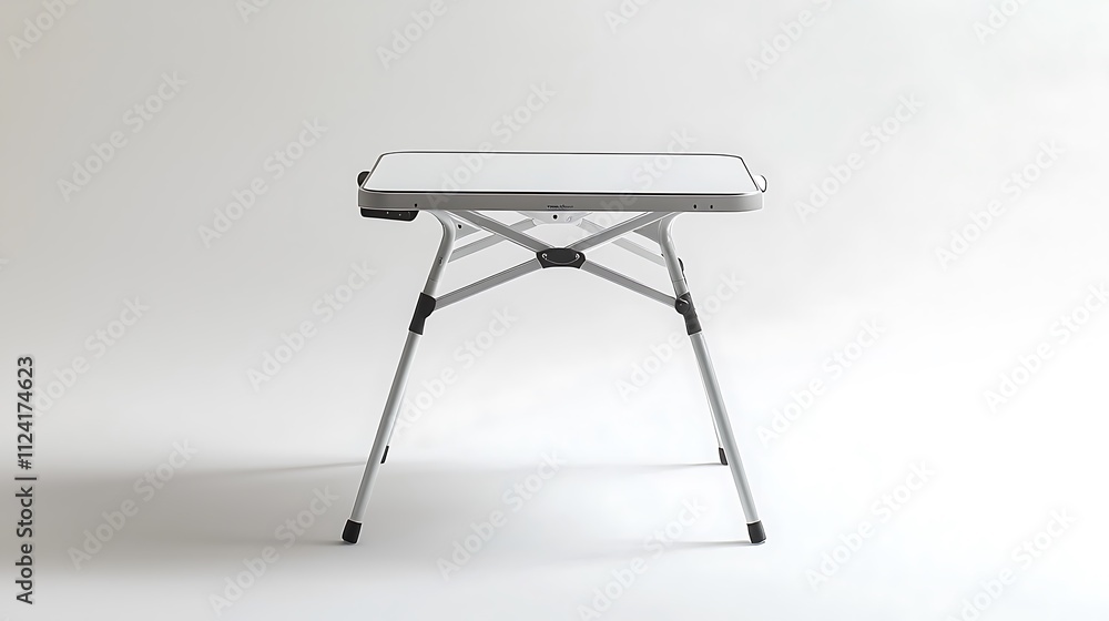 A table with a white top and silver legs A table with a white top and silver legs