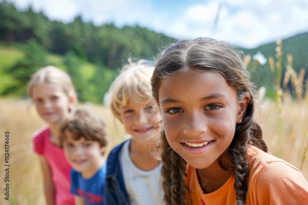 Portrait of smiling little girl with her friends in the background at countryside Portrait of smiling little girl with her friends in the background at countryside