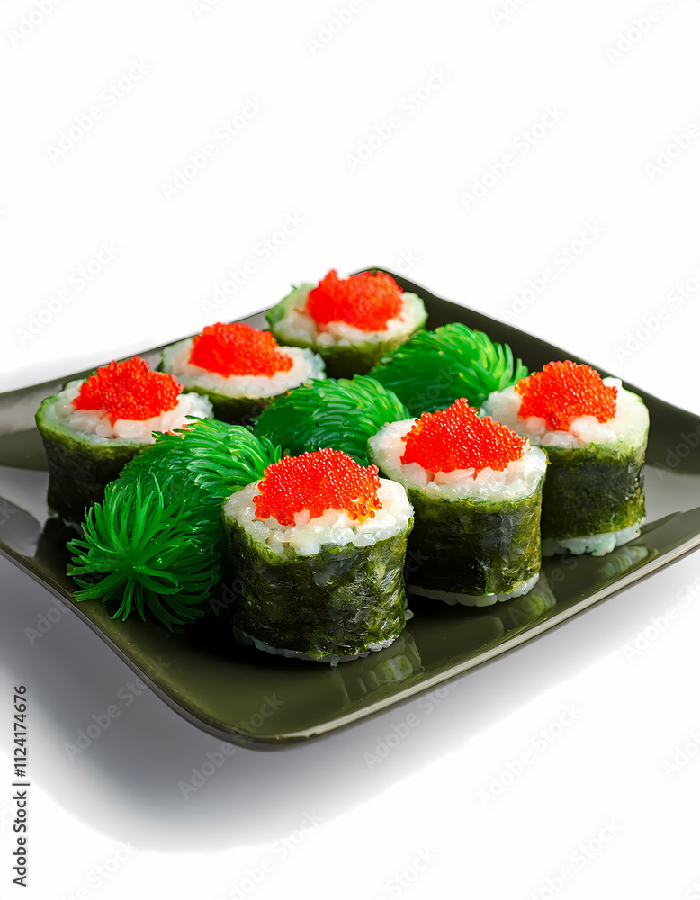 Delicious Sushi Rolls with Red Caviar and Seaweed Garnish on Dark Plate Delicious Sushi Rolls with Red Caviar and Seaweed Garnish on Dark Plate