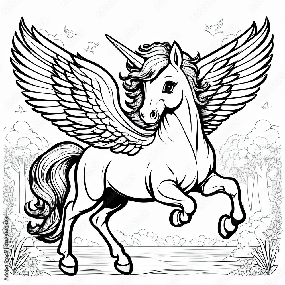 Fototapeta premium A cute, magical unicorn with wings, prancing and ready to take flight.