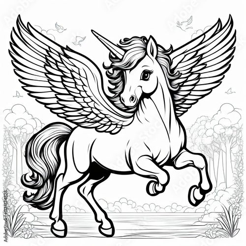 A cute, magical unicorn with wings, prancing and ready to take flight. photo