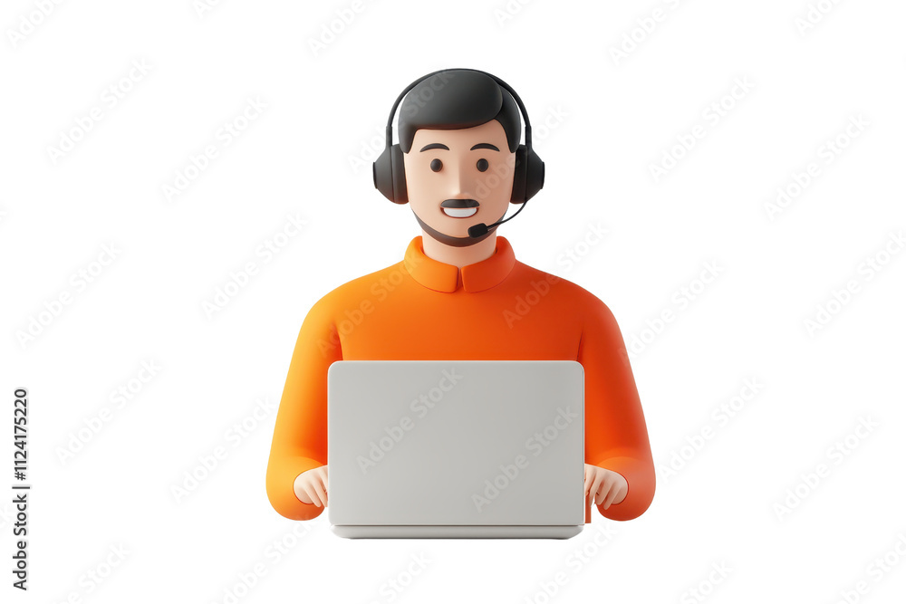 A cheerful man wearing a headset is seated with a laptop, engaged in a virtual interaction. A cheerful man wearing a headset is seated with a laptop, engaged in a virtual interaction.