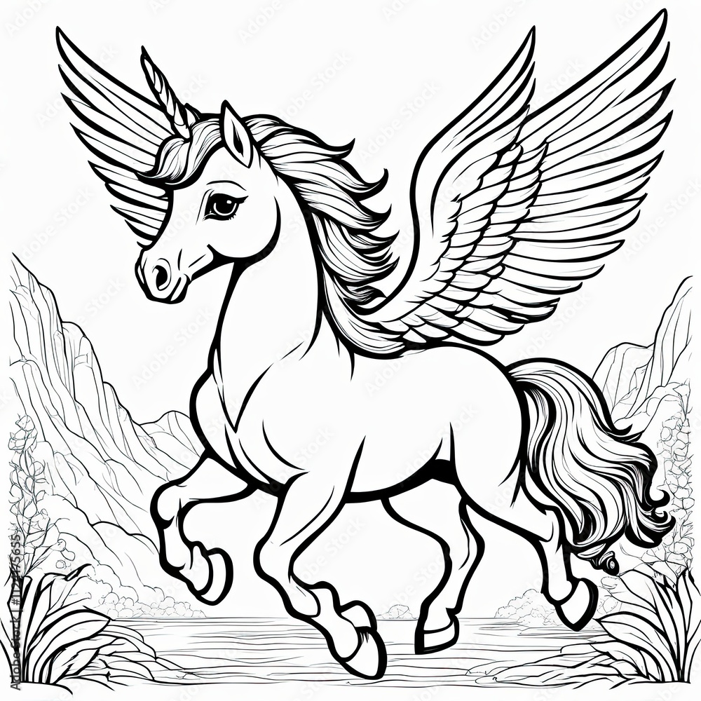 Fototapeta premium A cute, magical unicorn with wings, prancing and ready to take flight.