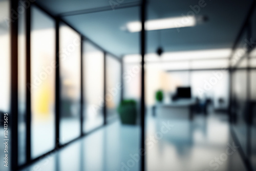 Blurred modern office interior background with glass doors and windows.