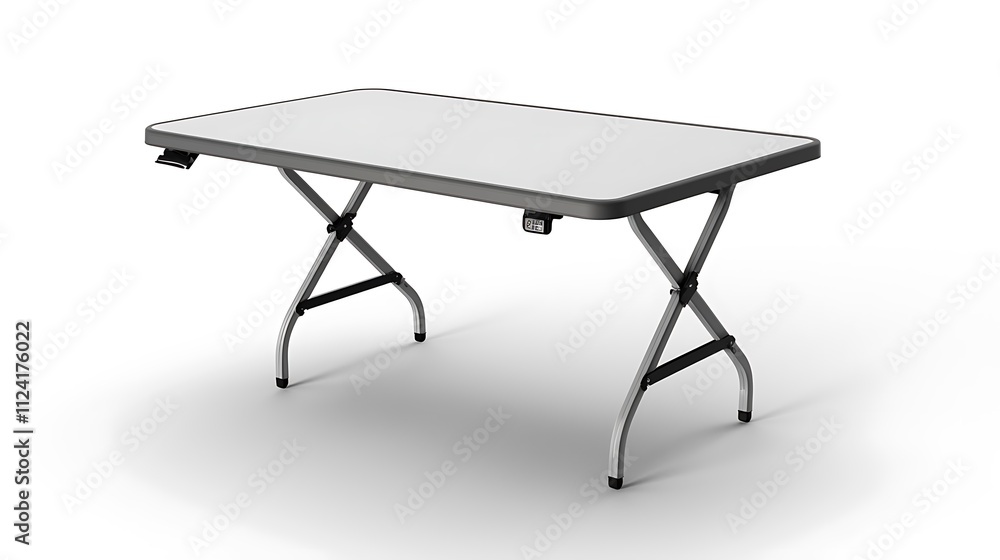 A table with a white top and silver legs A table with a white top and silver legs