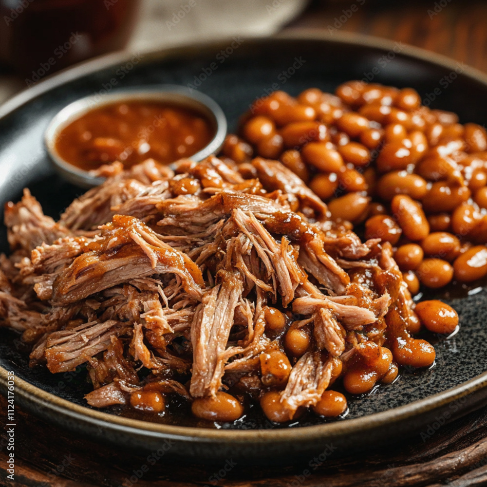 A delicious dish of pulled pork barbecue and baked beans A delicious dish of pulled pork barbecue and baked beans